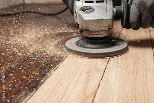 Sanding wooden floor boards with angle grinder machine removing old dark finish