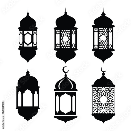 Intricate designs of traditional islamic lanterns in black and white isolated on white background, Vector