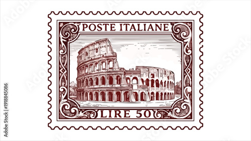 Vintage italian postage stamp illustration featuring colosseum in rome with ornate border and classic typography