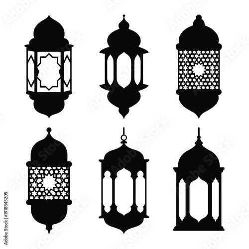 A collection of six different lantern designs in a black and white illustration isolated on white background, Vector
