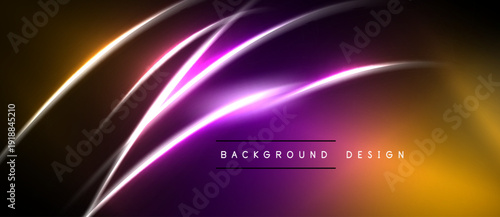 Abstract background features vibrant neon lines. Golden, purple hues blend into dark space. Modern design element.
