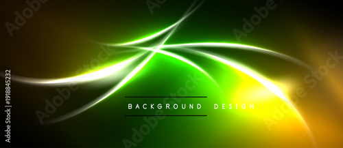 Abstract neon lines create vibrant energy. Green, yellow hues blend into dark background. Modern design element.
