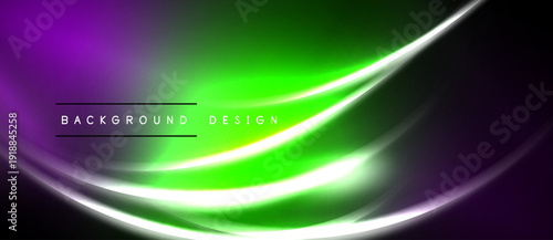 Abstract vibrant design features flowing curves, purplegreen gradient. Black background emphasizes luminous waves, modern aesthetic.