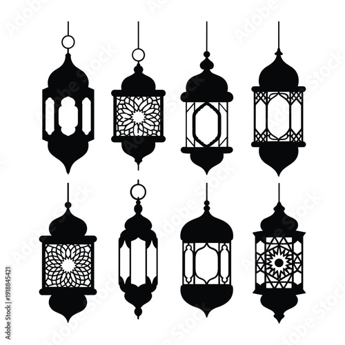 Elegant black and white lanterns hanging in a row with intricate designs isolated on white background, Vector