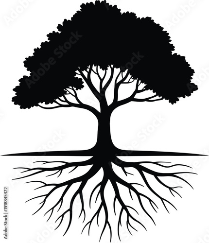 Tree Silhouette with Exposed Roots Growing Deep into Earth Symbolizing Growth and Stability Nature Vector Art