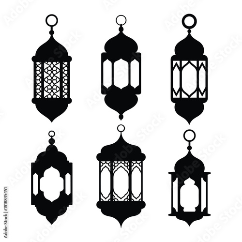 A collection of six distinct black and white lantern illustrations with intricate designs. isolated on white background, Vector