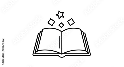 Open book icon symbolizing magic knowledge and imaginative storytelling emitting glowing stars and geometric shapes illustrating creative inspiration or fantasy literature concepts.