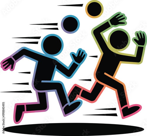 Two Runners Competing in a Race Chasing Balls with Speed Lines Dynamic Vector Illustration