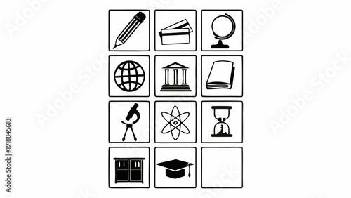 A comprehensive collection of academic and scientific icons, symbolizing the vast journey of education, intellectual discovery, and knowledge acquisition for learning and research