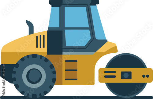 Yellow Steamroller Compacting Surface for Construction and Roadwork Vector Illustration