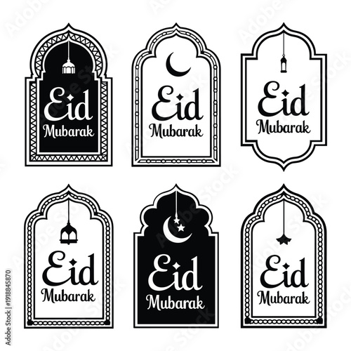 Six distinct eid mubarak designs with intricate patterns and calligraphy isolated on white background, Vector