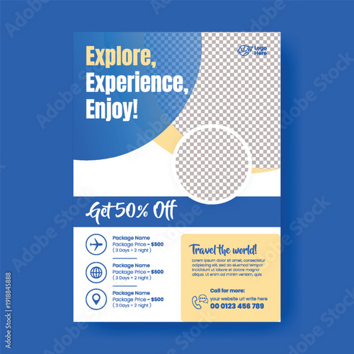 Minimal travel agency A4 print ready flyer poster vector template for summer vacation promotion, travel poster leaflet and brochure cover design for tourism marketing and agencies