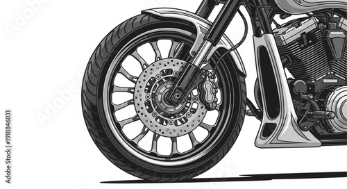 Motorcycle wheel and engine closeup.