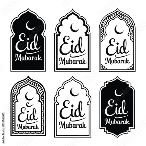 Eid mubarak greeting card designs with islamic moon and star motifs isolated on white background, Vector