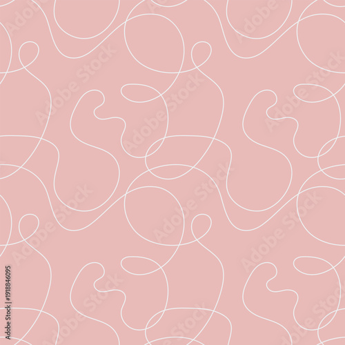 Curved line seamless pattern on pink background. Chaotic continuous shapes bg