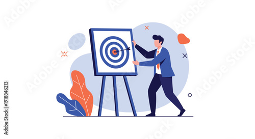 Businessman in a suit carefully adjusting a target board on a tripod easel to achieve business goals and success.