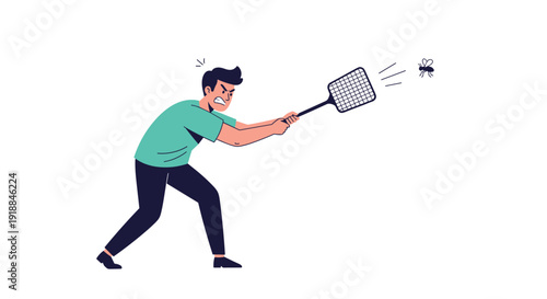 Angry man in a green shirt aggressively trying to swat a buzzing fly using a black fly swatter in the air at home.