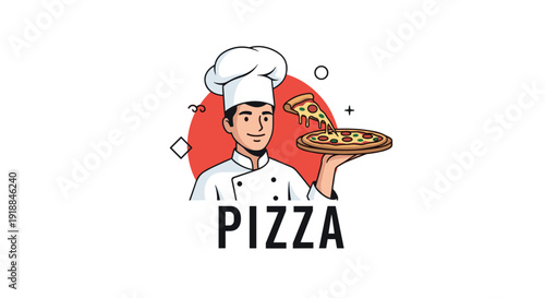 Smiling chef in a white uniform and hat holding a delicious hot pizza on a wooden tray with a red circle backdrop.