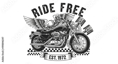 Motorcycle with Wings and Checkered Flag.