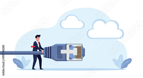 Professional businessman in a suit connecting a massive ethernet cable plug to a stylized cloud in the blue sky.