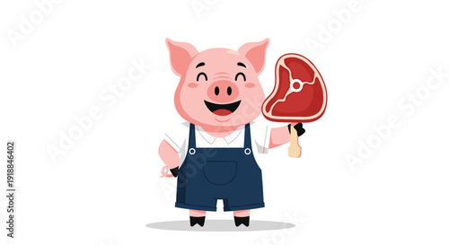 Smiling pink pig character wearing blue overalls and holding a large piece of raw steak on a stick with joy.