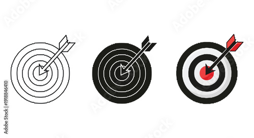 Collection of three distinct dartboard and arrow icons illustrating successful goal achievement in outline solid and color styles