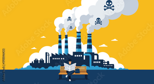 Man sitting on a bench reading a newspaper while a dark factory with skull and crossbones smoke pollutes the air.