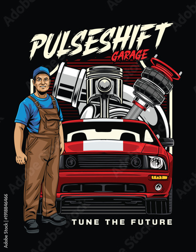 Retro detailed illustration of a male mechanic standing next to a red sports car and large engine suspension parts