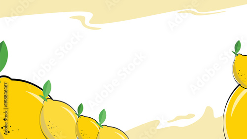 Bright yellow lemons with green leaves creating a fresh citrus border illustration composition