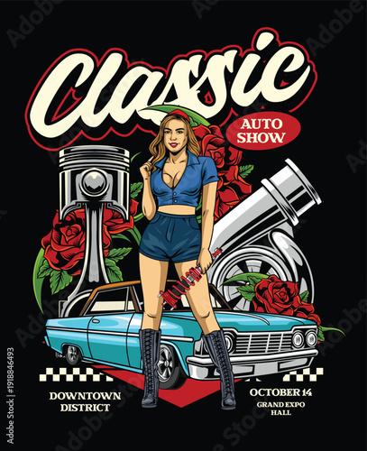 Vintage detailed illustration of a pin-up girl with a classic teal car and engine pistons for antique auto show poster
