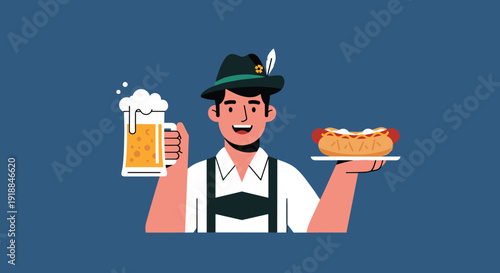 Smiling man in traditional Bavarian clothes holding a large mug of beer and a hot dog on a plate during Oktoberfest festival celebration.