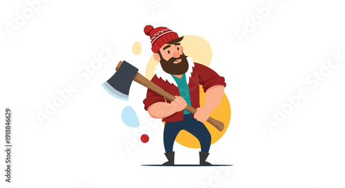 Strong bearded lumberjack character wearing a red hat and jacket while holding a large heavy axe over his shoulder on white background for logo.