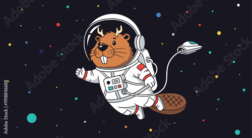 Cute beaver character wearing an astronaut space suit and helmet while floating in dark outer space with colorful stars and planets for kids.