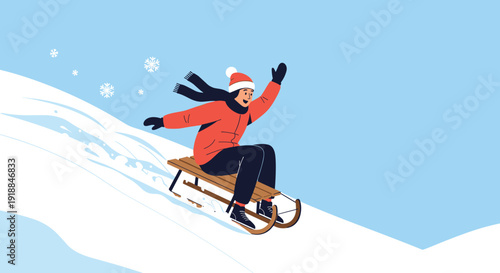 Excited person wearing a red jacket and black hat sledding down a snowy hill with snowflakes in the air for winter outdoor activity concept.