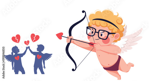 Cute cupid character with glasses and a bow aiming at two children silhouettes with broken hearts for humorous valentines day concept.