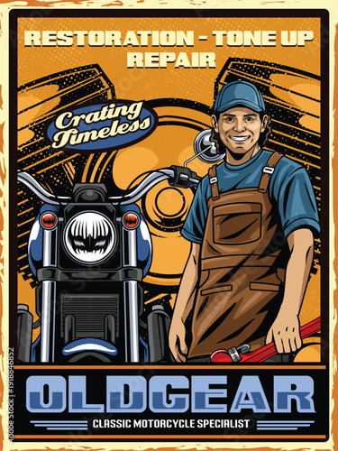 Retro detailed vintage poster of a professional mechanic with a classic motorcycle for restoration and tune-up services