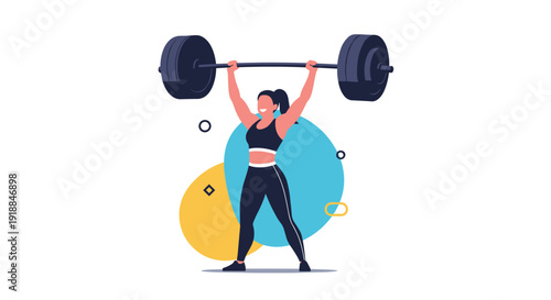 Strong athletic woman wearing black sportswear lifting a heavy barbell over her head for weightlifting and fitness training concept in gym.
