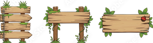 Wooden signboard collection with natural rustic boards leaves and grass vector illustration isolated design set