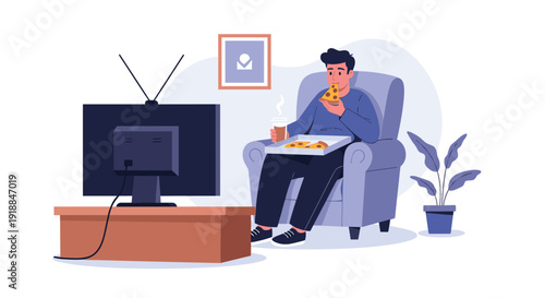 Relaxed man sitting in an armchair eating pizza and drinking coffee while watching television at home for lazy weekend lifestyle concept.