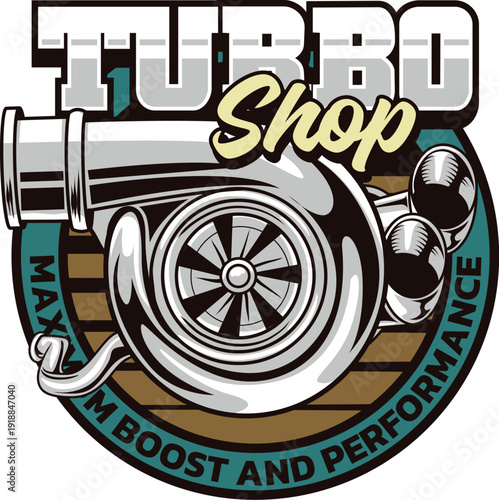 Detailed retro illustration of a turbocharger engine part with bold typography for automotive performance and turbo shop branding
