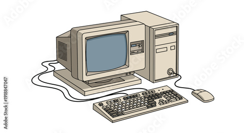 Classic retro personal computer system with a monitor tower case keyboard and mouse isolated on a clean white background for technology history.