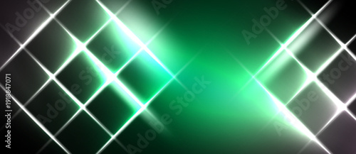 Abstract background features bright lines forming diamond shapes. Green glow dominates center, surrounded by dark shades. Modern design.