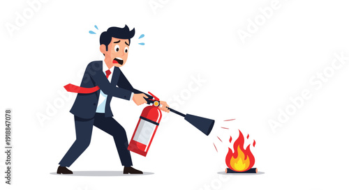 Worried businessman in a suit trying to put out a small fire with a red fire extinguisher for emergency and problem solving concept at work.
