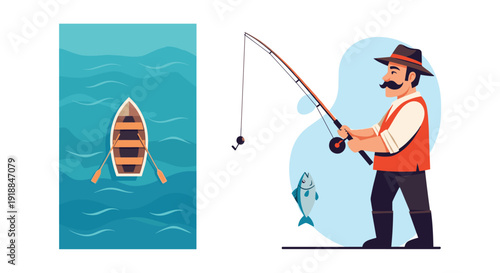 Experienced fisherman with a mustache holding a fishing rod next to a caught fish and a top view of a wooden rowing boat in the water.