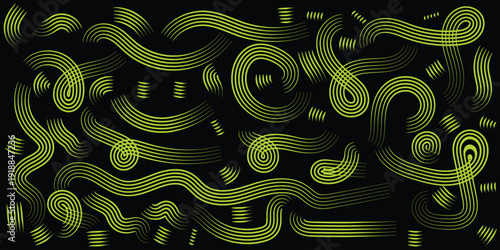 Neon green swirling patterns on black background