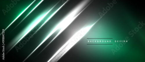 Abstract background features diagonal lines, vibrant green hues, silver highlights. Modern design evokes energy, sleekness, sophistication.