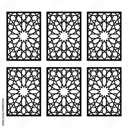 Intricate geometric patterns displayed in a grid of six square tiles isolated on white background, Vector