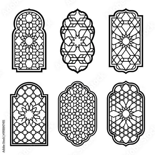 Intricate geometric patterns in various window shapes and designs isolated on white background, Vector