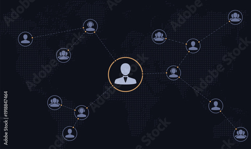 Global business network connection with people icons on world map background, vector illustration of social media, remote work, communication technology, and human resources management concept.