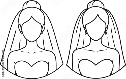 Elegant Bridal Icons: Outline Drawings of Two Brides with Veils and Updos, Representing Wedding Day Choices
